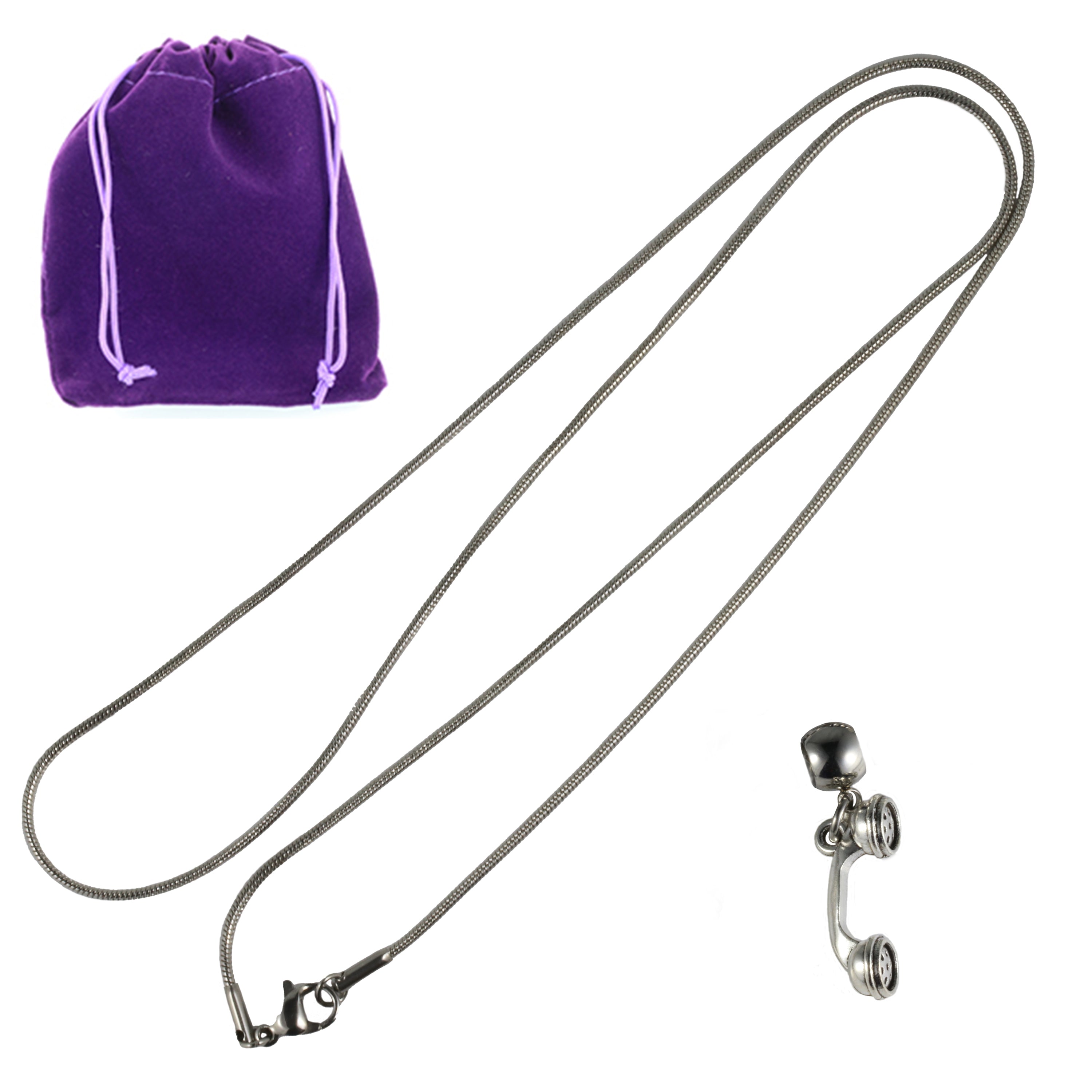 Silver snake chain phone charm with clasp, shown with purple drawstring pouch