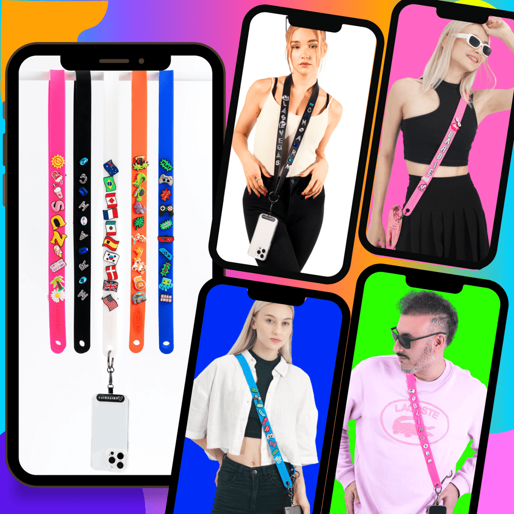 Phone straps with colorful charm prints and matching lanyard bands