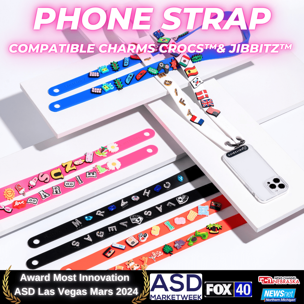 Phone straps in multiple colors with decorative charms and lanyard design