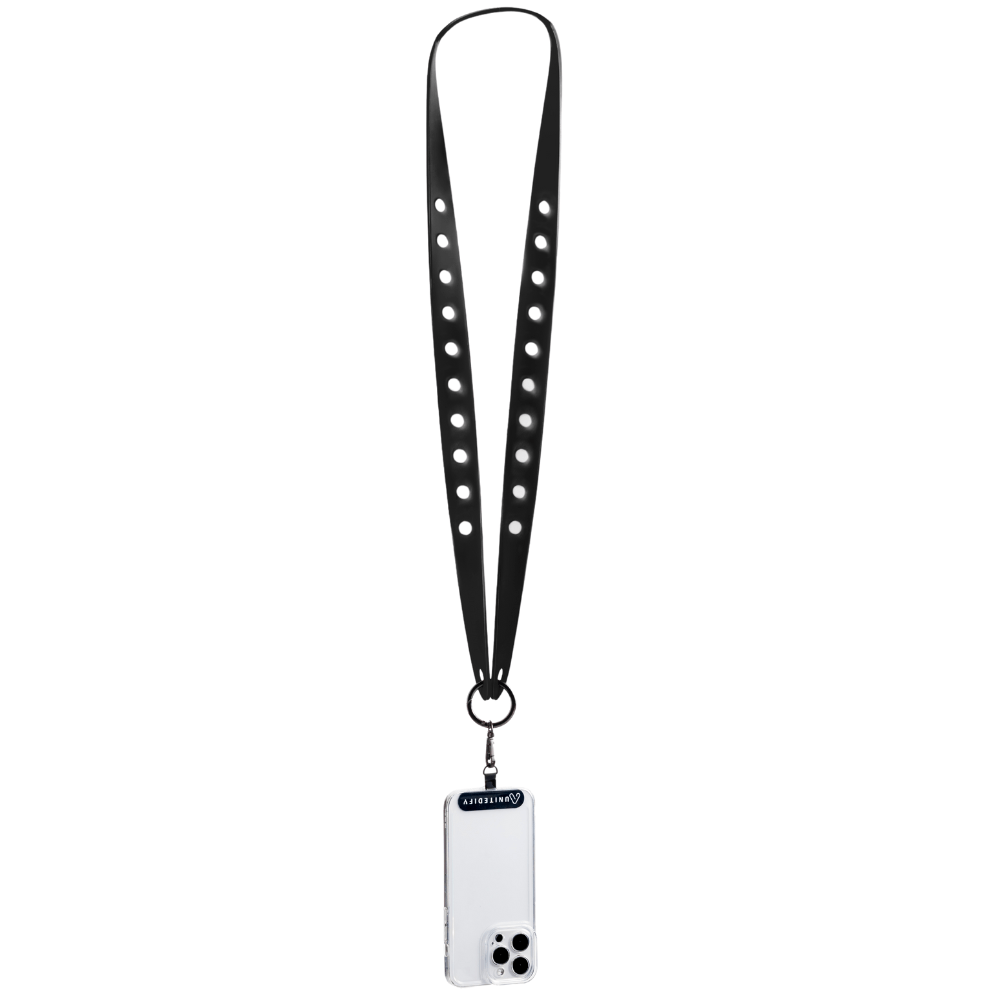 Black lanyard strap with white phone case holder, eyelet holes and ring clasp