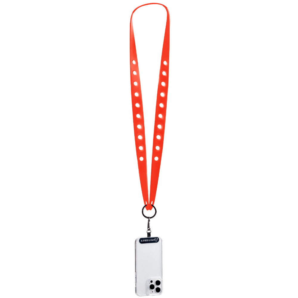 Red phone lanyard with perforated strap and clear card case with camera cutout