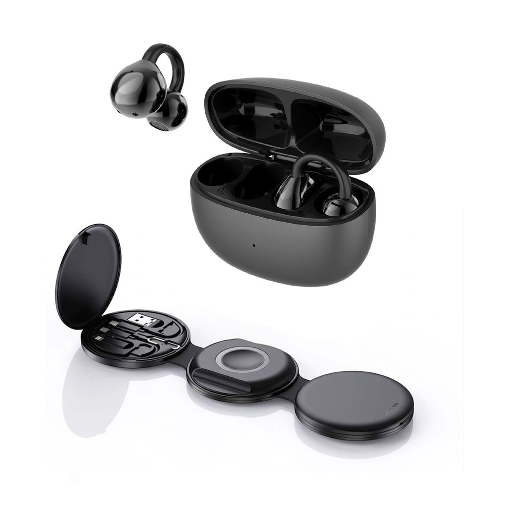 Wireless earbuds charging case with open lid and earbuds, dark gray