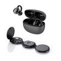 Wireless earbuds charging case with open lid and earbuds, dark gray