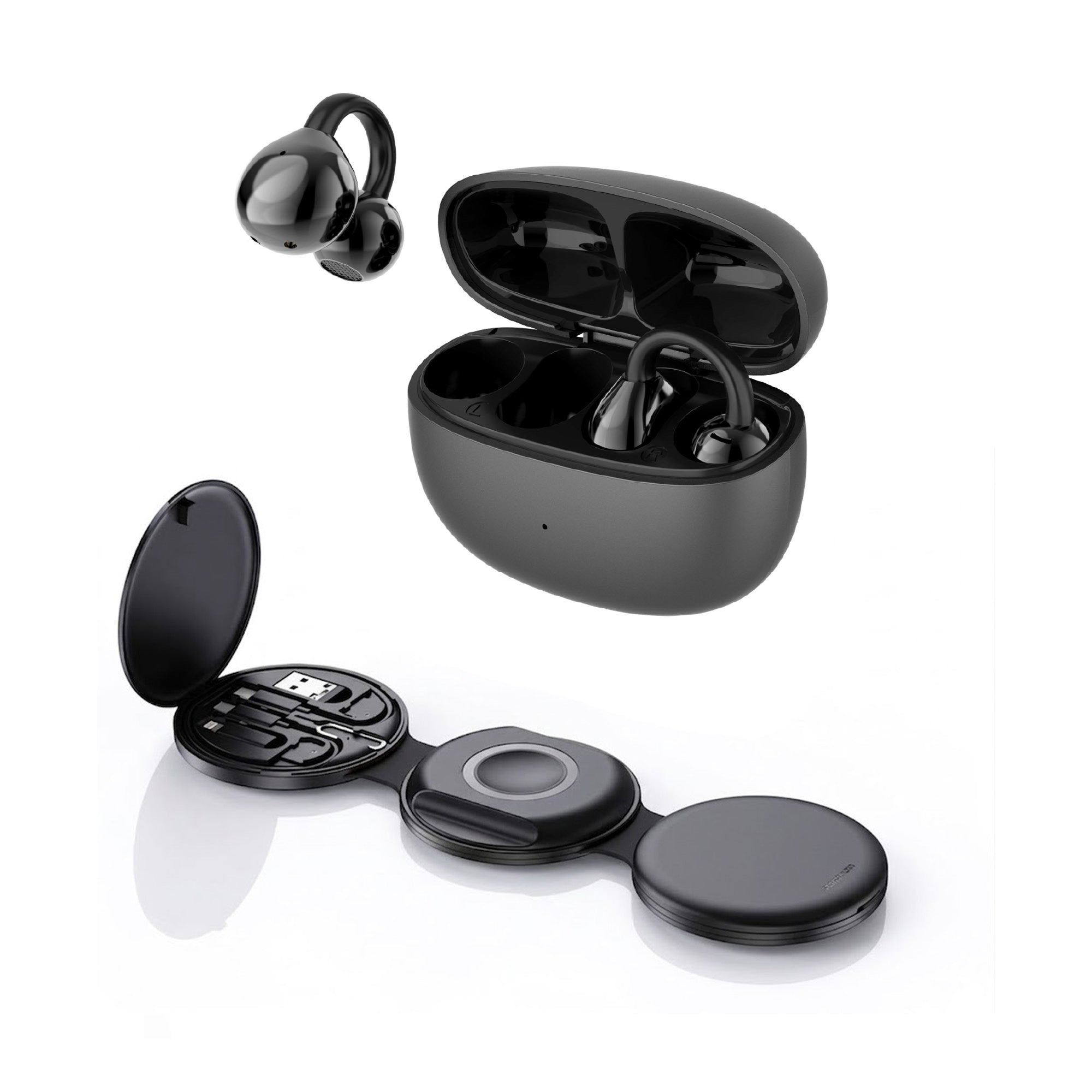 Wireless earbuds charging case with open lid and earbuds, dark gray