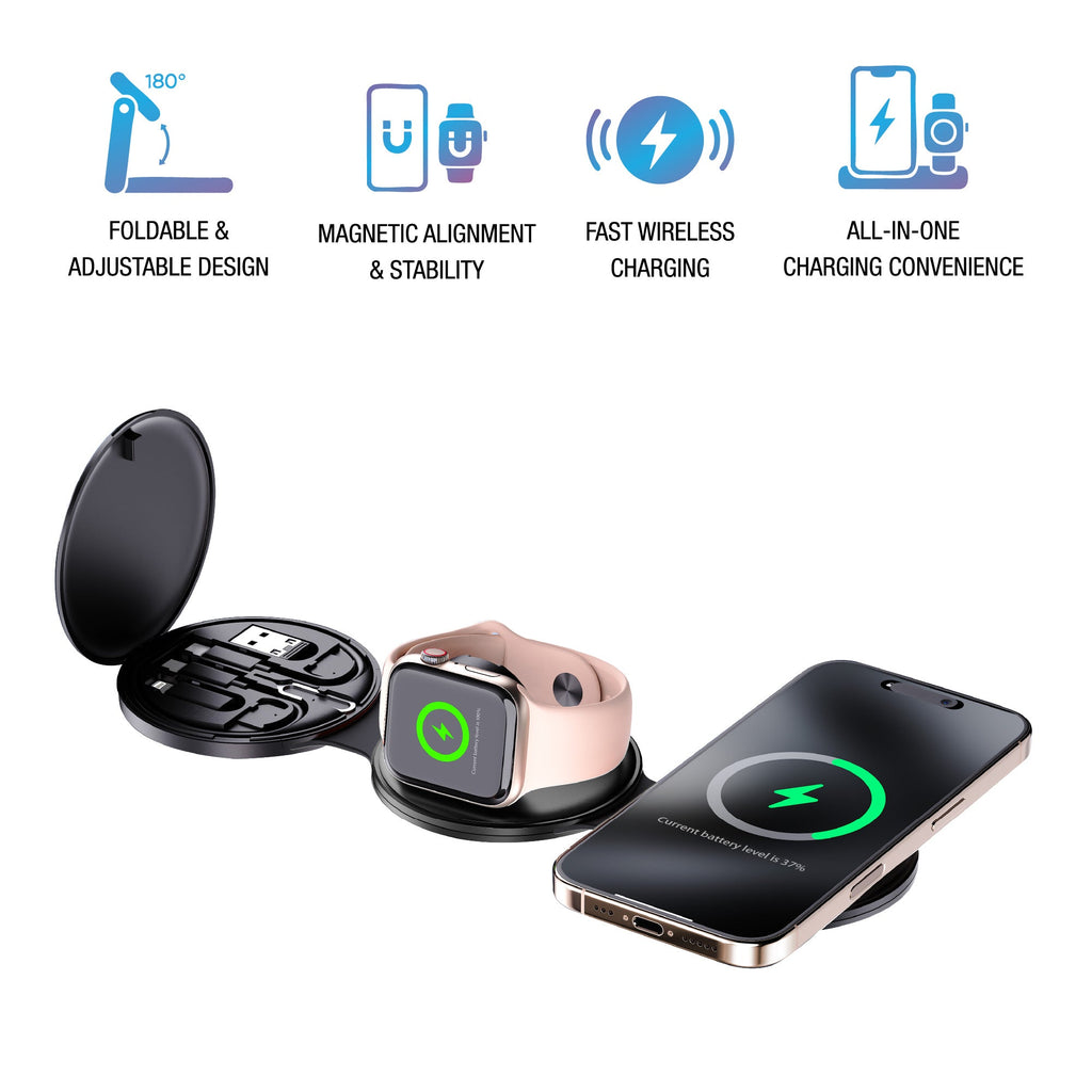 Wireless charging station with foldable pad and smartwatch, earbuds, black