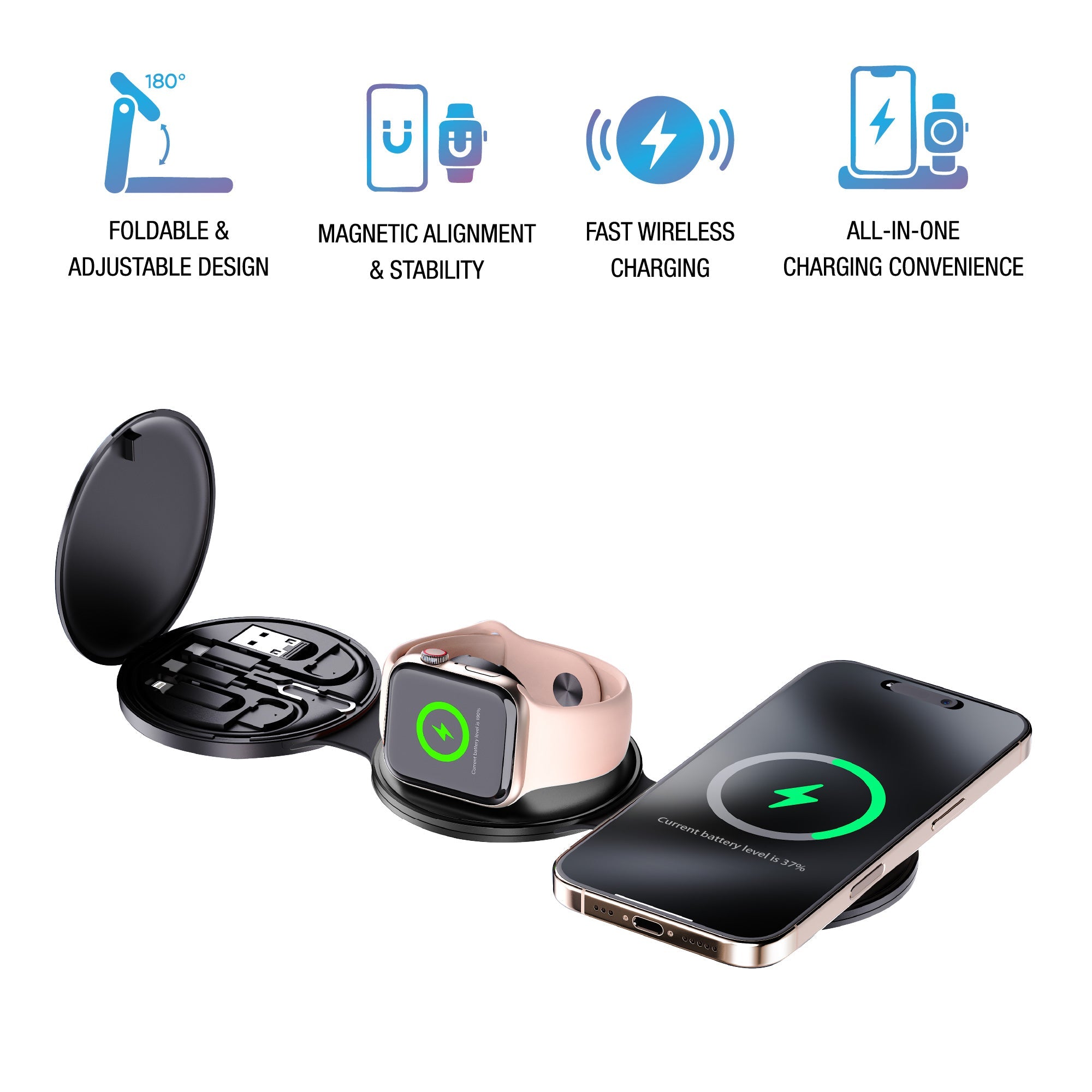 Wireless charging station with foldable pad and smartwatch, earbuds, black
