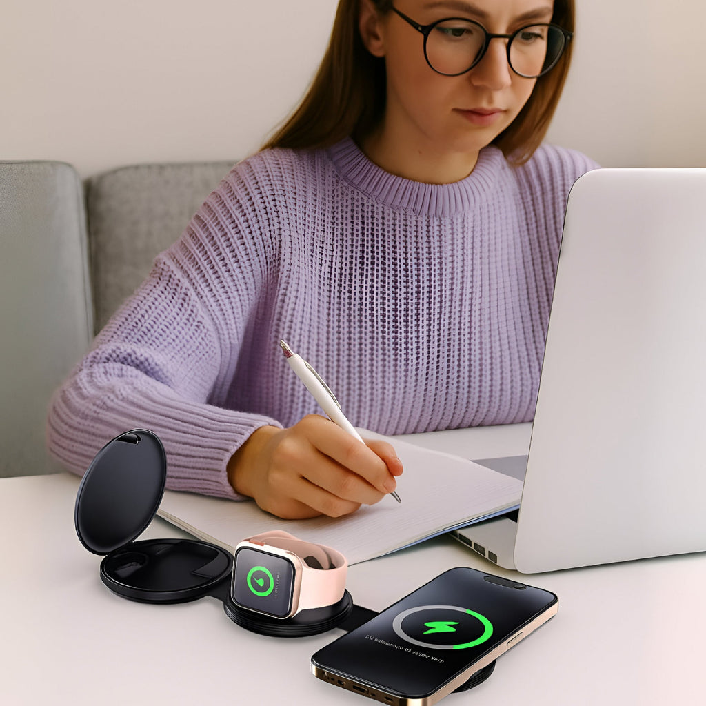 Wireless earbuds and charging station on desk beside laptop, with notebook