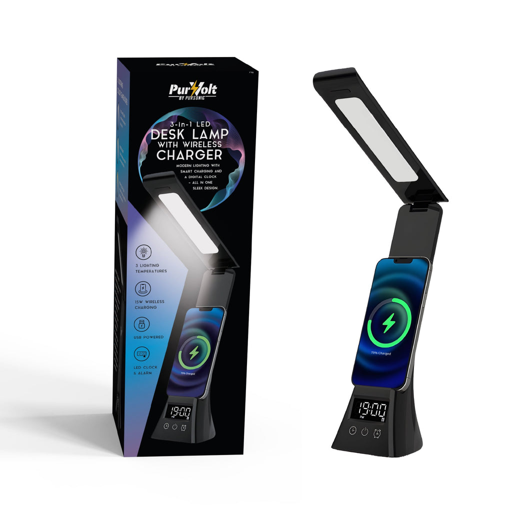 Black LED desk lamp with angled light bar and blue wireless charging display