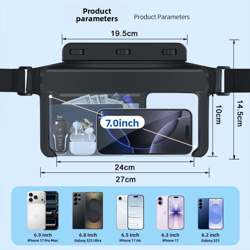 Waterproof phone waist pack with clear window and adjustable belt, 7-inch size diagram
