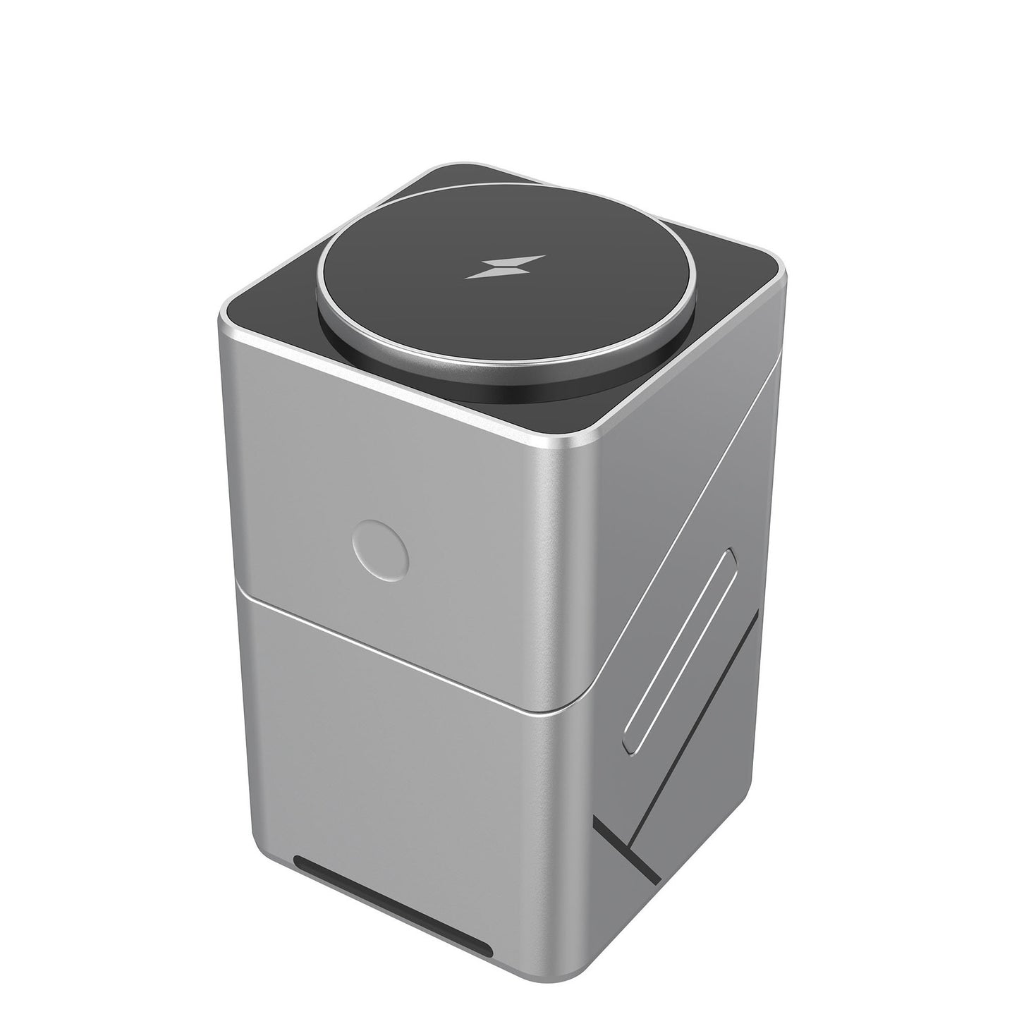 Silver magnetic wireless charger cube with circular top charging pad and side tray
