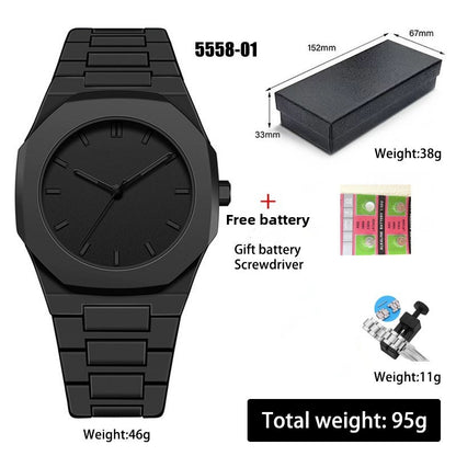 Black quartz wristwatch front view with round black dial and black metal link strap