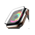 Black-framed clear screen protector cover for smartwatch display, curved glass fit