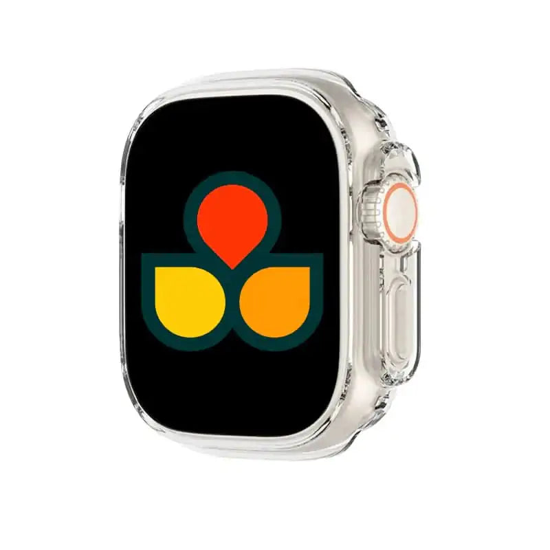 Clear watch case cover with black screen and mesh strap, side button cutout