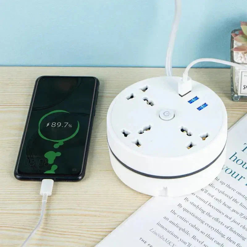 White round EU power strip with USB ports and smartphone charging dock
