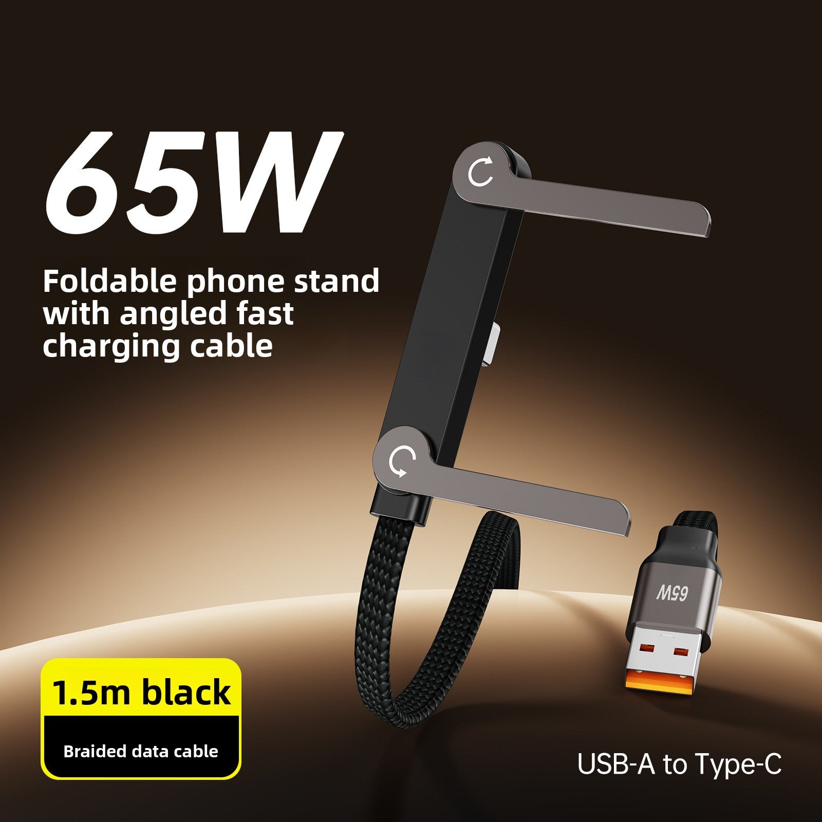 Foldable phone charging stand with angled cable, with USB adapter