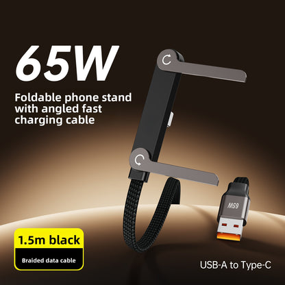 Foldable phone charging stand with angled cable, with USB adapter