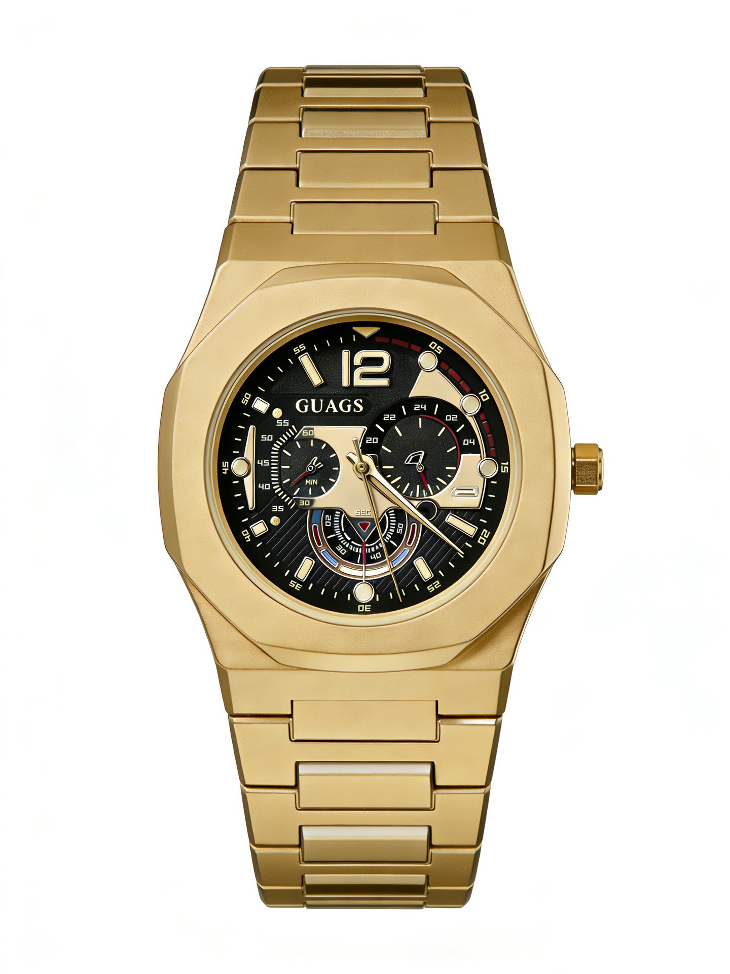 Men's quartz wristwatch with gold metal bracelet and black chronograph dial