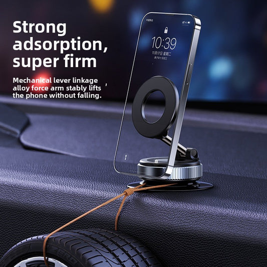 Magnetic car phone holder, black circular mount with suction base and swivel arm