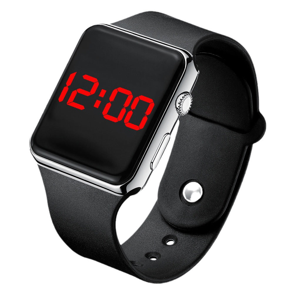 Digital electronic wristwatch with black screen showing red time, silver case, black strap.