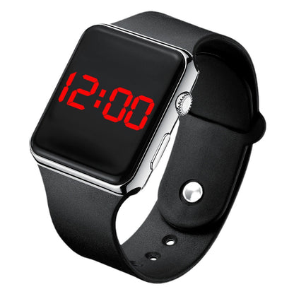 Digital electronic wristwatch with black screen showing red time, silver case, black strap.