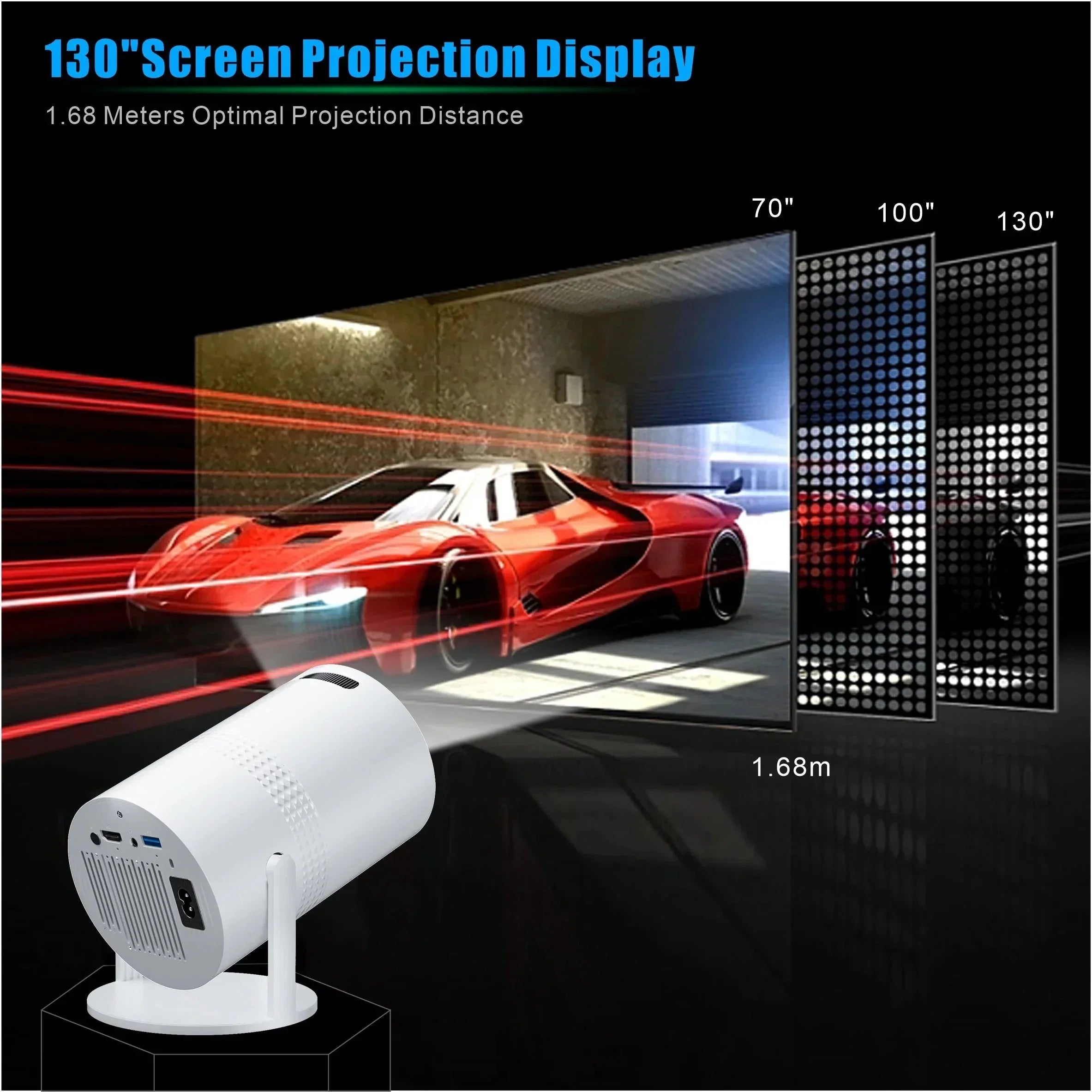 White mini projector with adjustable stand, shown with screen size guide