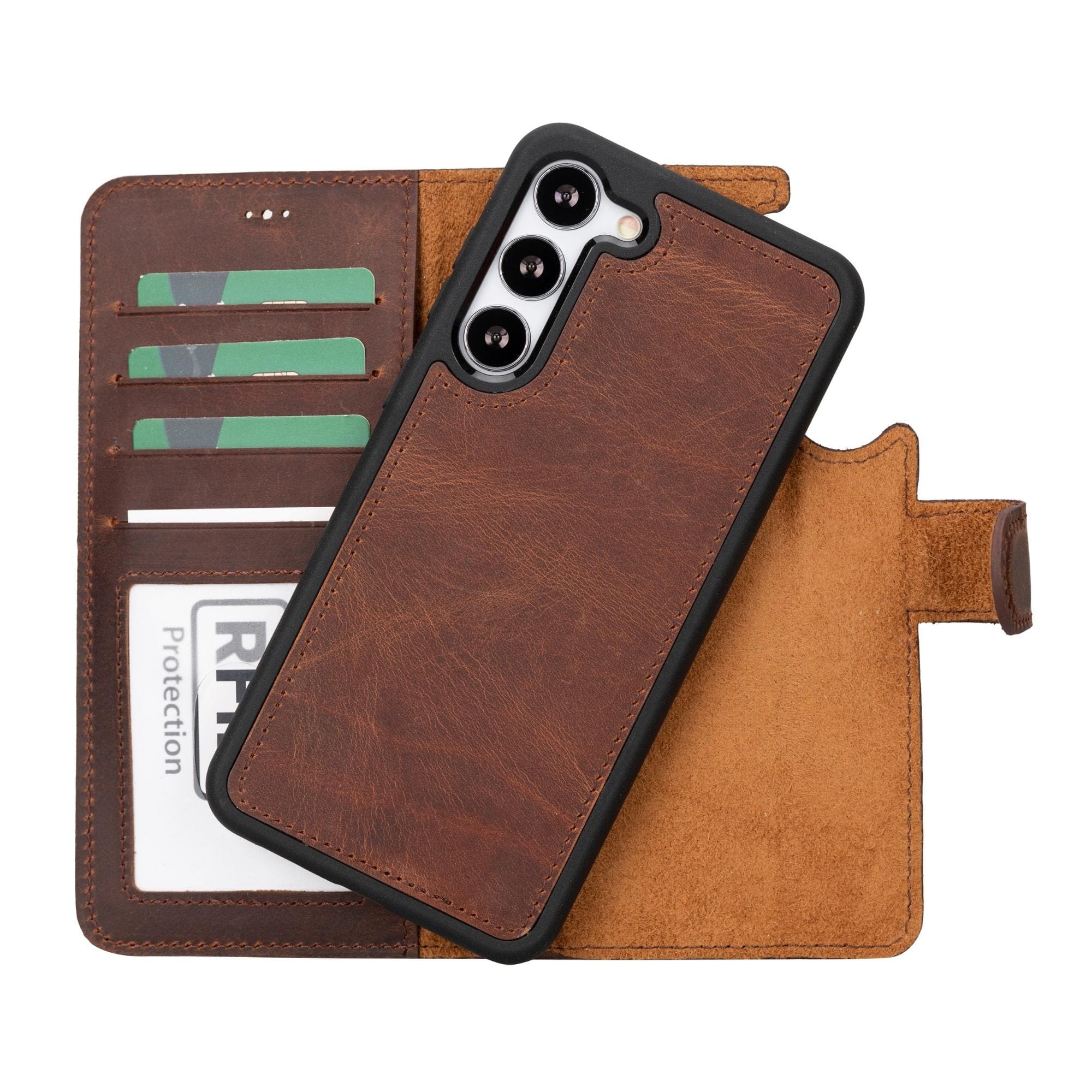 Folded brown leather wallet case for Galaxy S23 with card slots and RFID protection panel.