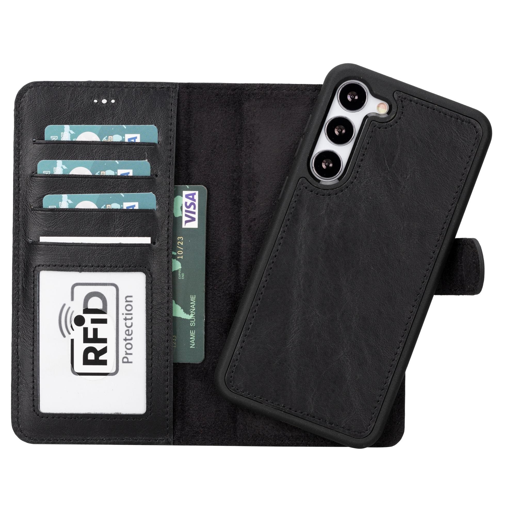 Black leather wallet case for Galaxy S23 with card slots and RFID panel.