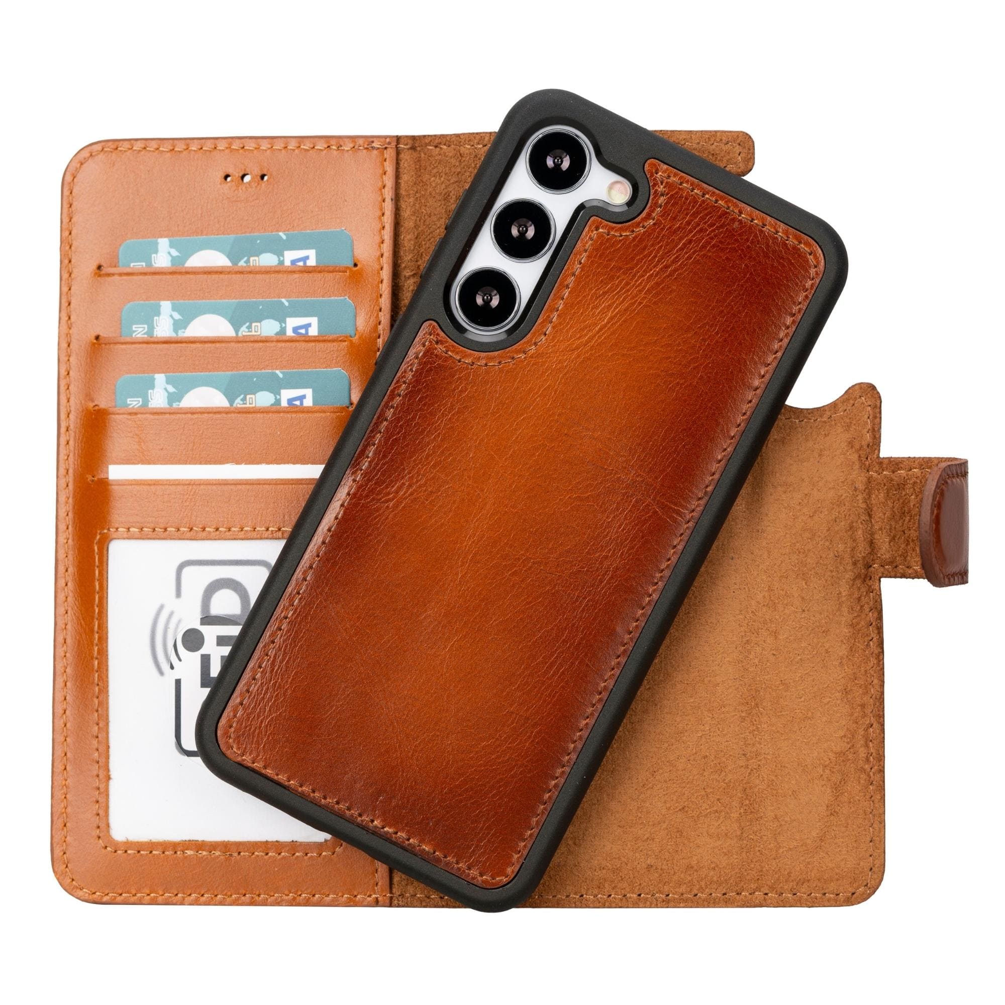 Orange leather wallet case for Galaxy S23 with card slots and RFID protection panel.