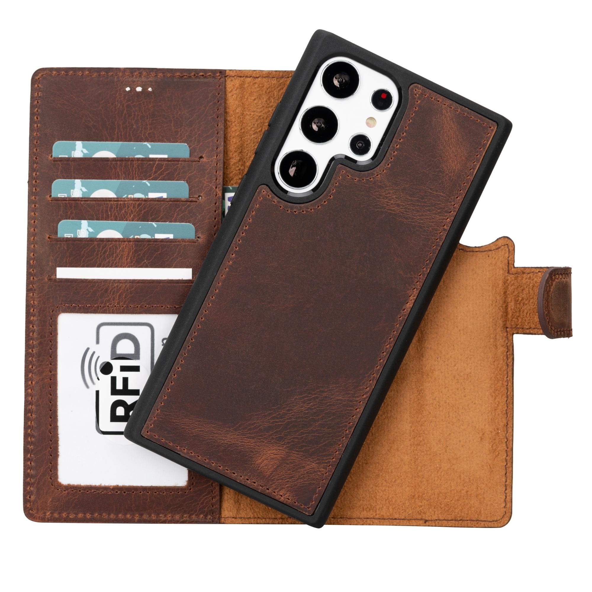 Dark brown leather wallet case for Galaxy S23 with card slots and RFID protection panel.