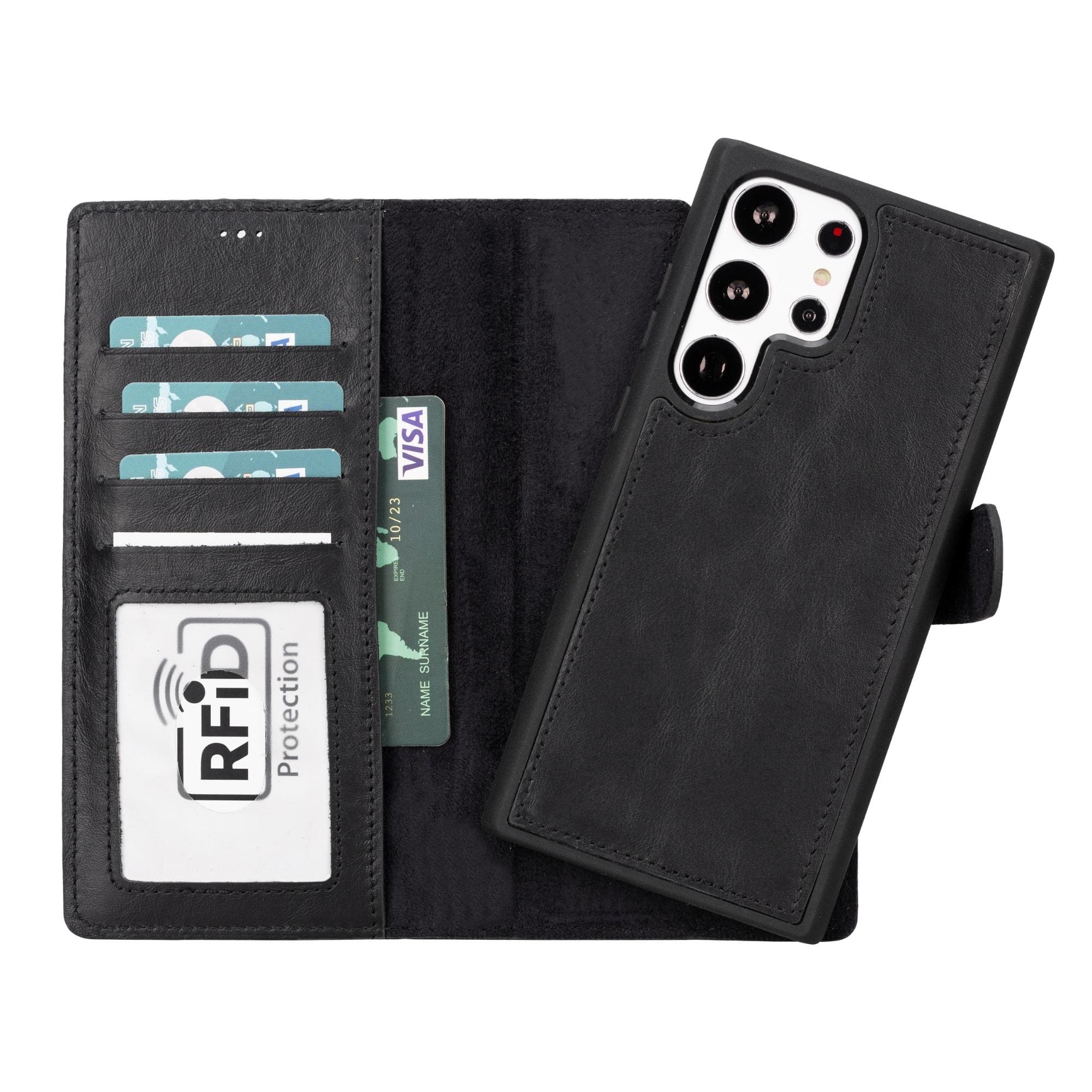 Open black leather wallet case for Galaxy S23 with card slots and RFID protection panel.