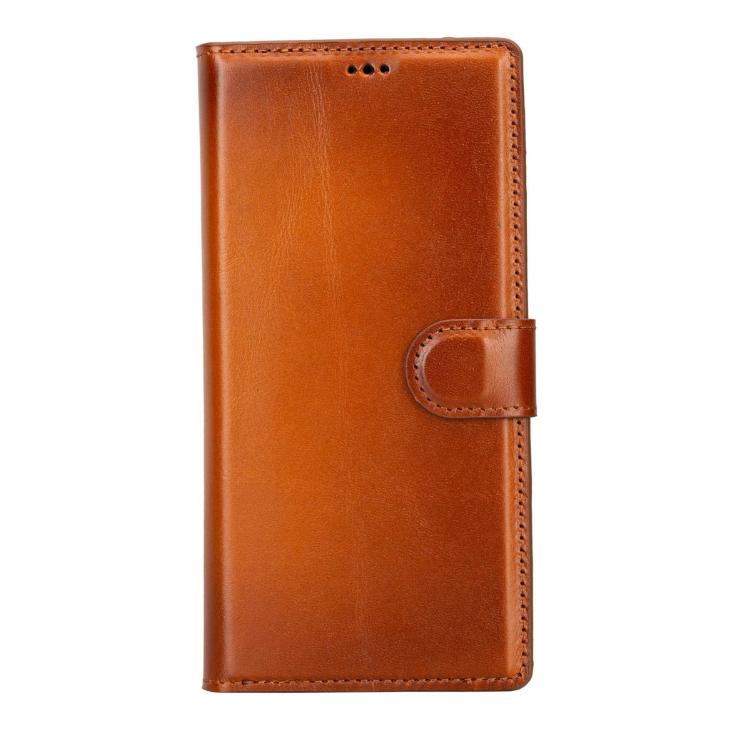 Tan leather wallet case for Galaxy S23 with side flip cover and stitched edge.
