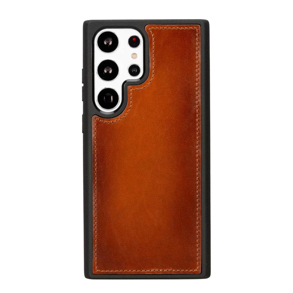Brown leather wallet case for Galaxy S23 with camera cutouts and side flip flap.