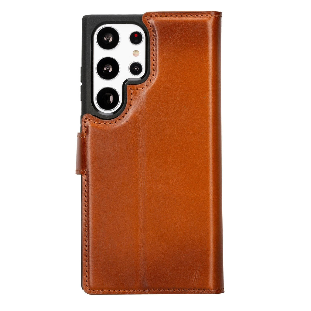 Tan leather wallet case for Galaxy S23 with protective camera cutouts and flip cover.