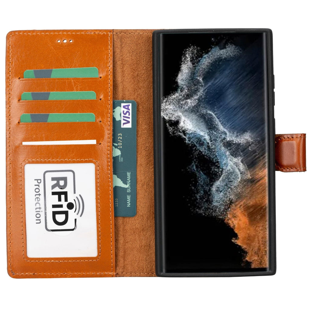 Brown leather wallet case for Galaxy S23 with card slots and RFID protection panel.