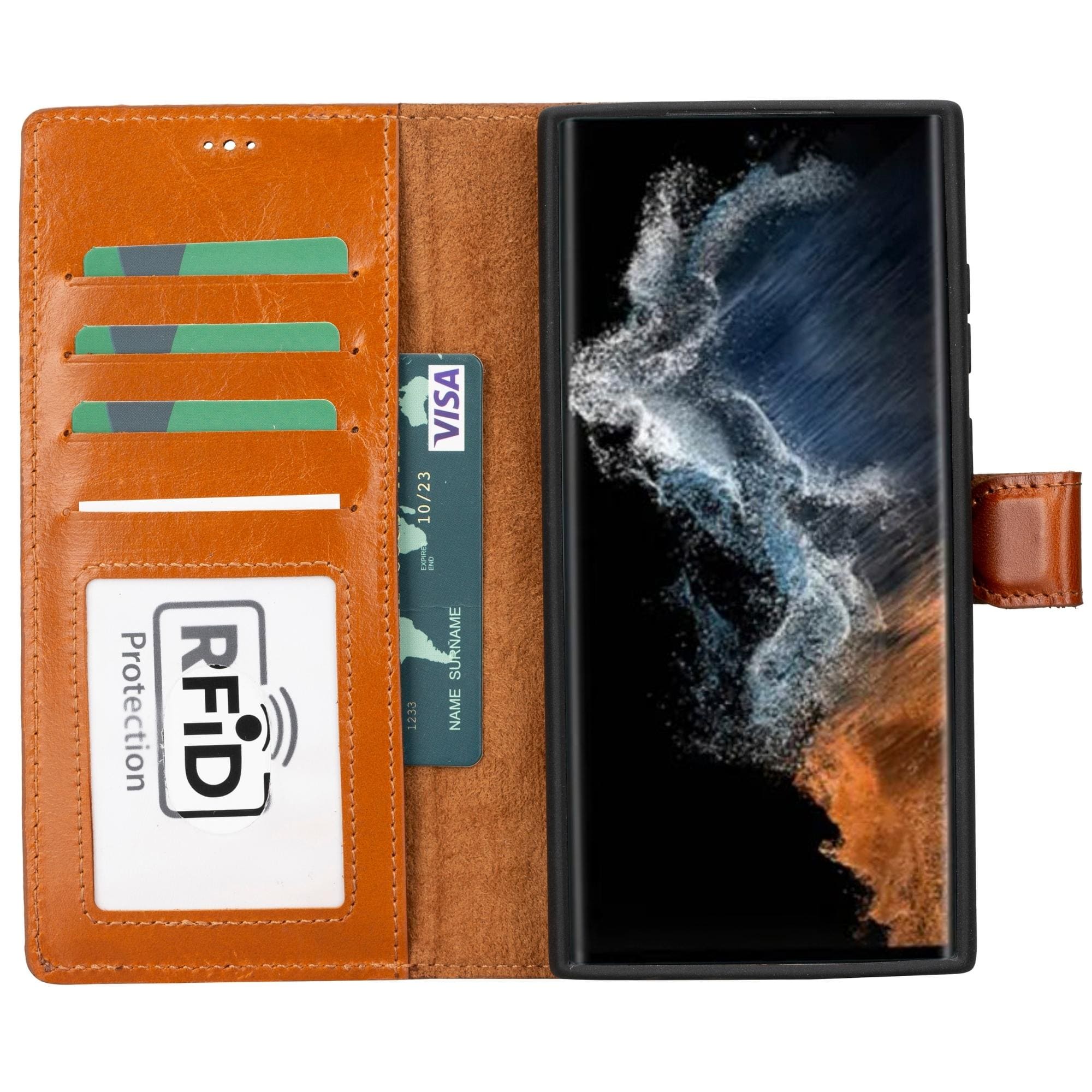Brown leather wallet case for Galaxy S23 with card slots and RFID protection panel.