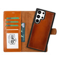 Open brown leather wallet case for Galaxy S23 with card slots and RFID protection panel.