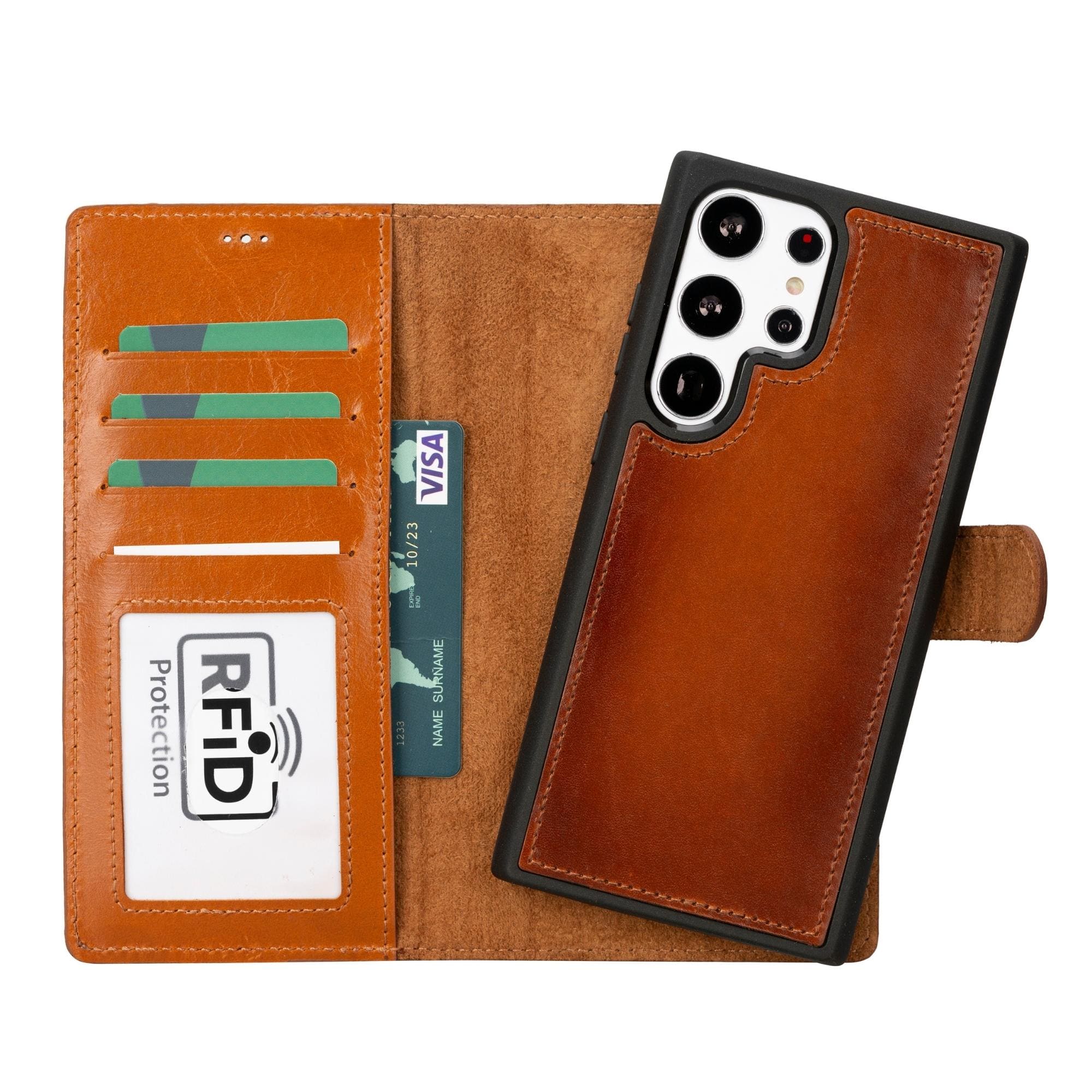 Open brown leather wallet case for Galaxy S23 with card slots and RFID protection panel.