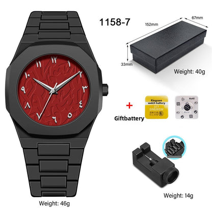 Men's quartz wristwatch with black metal bracelet and red patterned dial