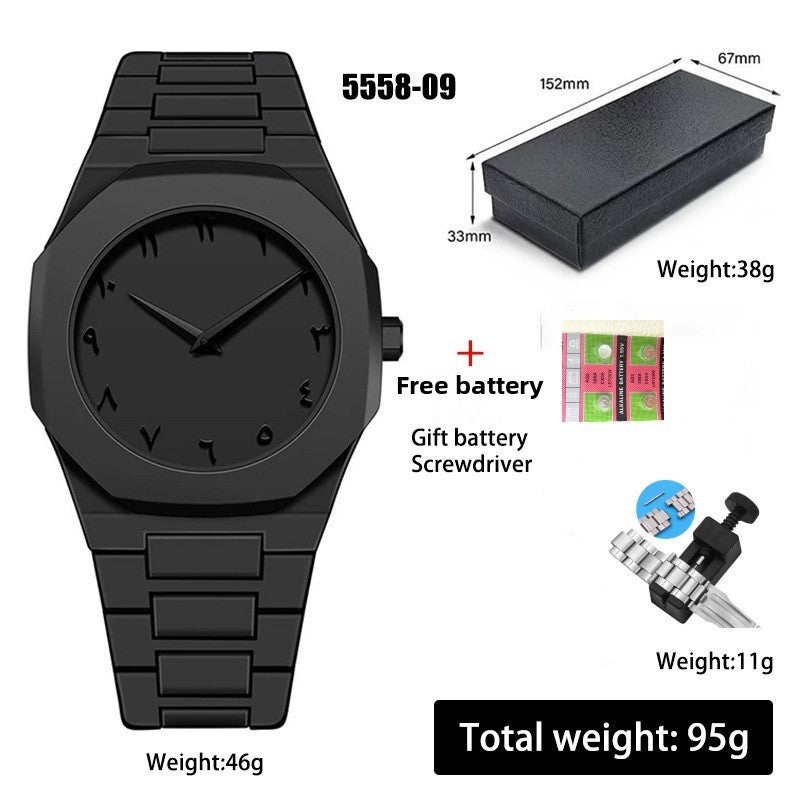 Black quartz wristwatch with round black dial and segmented black metal link bracelet