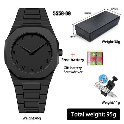 Black quartz wristwatch with round black dial and segmented black metal link bracelet