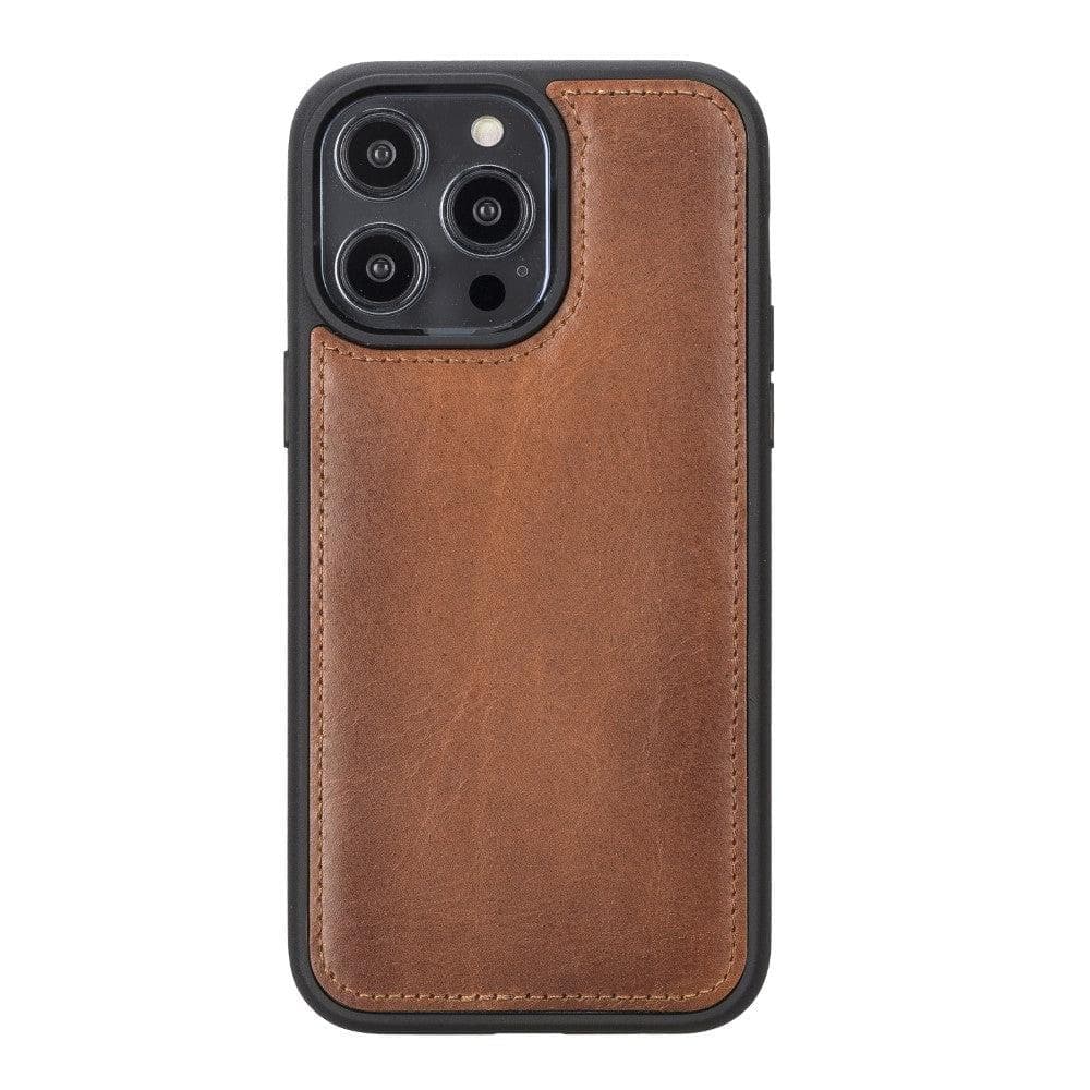 Detachable leather wallet phone case, tan-brown with front card-style buckle strap
