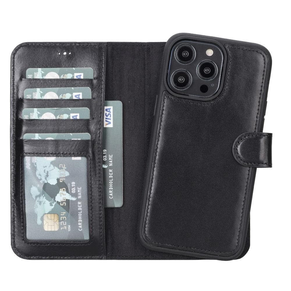 Black leather wallet phone case with card slots and detachable folio for iPhone 12