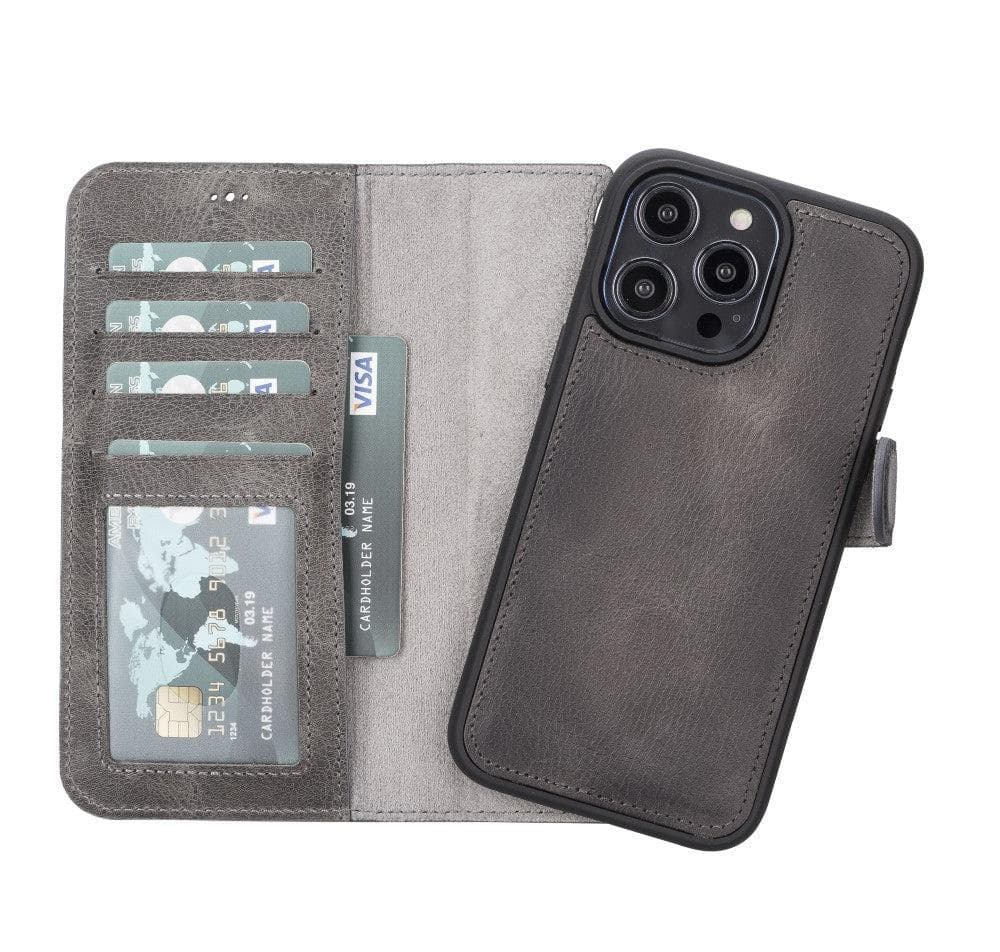 Detachable leather wallet phone case, dark gray with card slots and magnetic flap