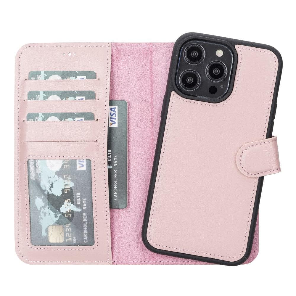 Detachable leather wallet phone case, pink with card slots and magnetic flap