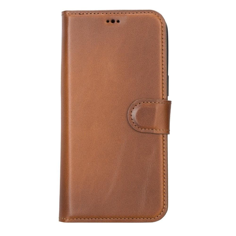 Detachable leather wallet phone case, tan-brown with foldover card holder