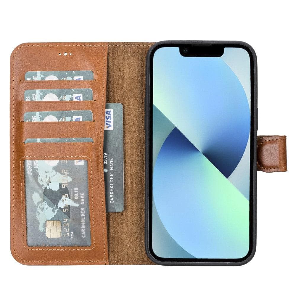 Detachable leather wallet phone case, tan-brown with card slots and phone screen cover