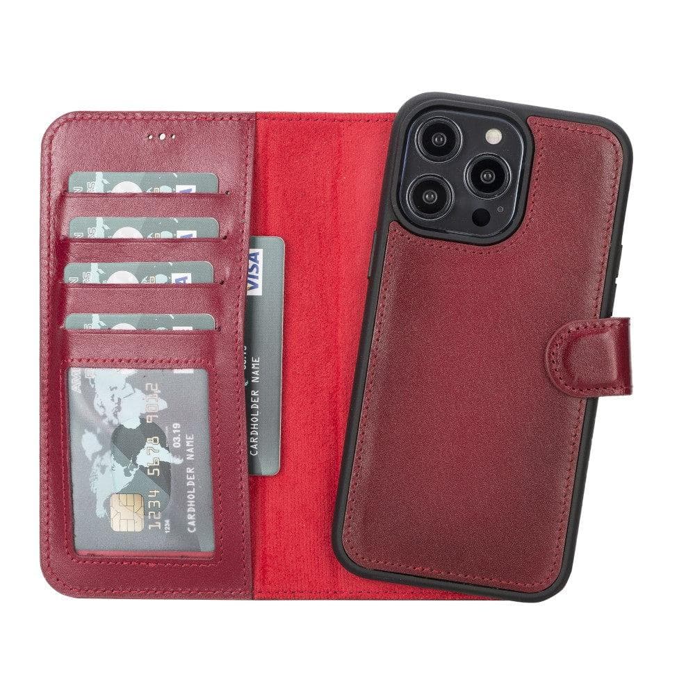Red leather wallet phone case with card slots and detachable folio for iPhone 12