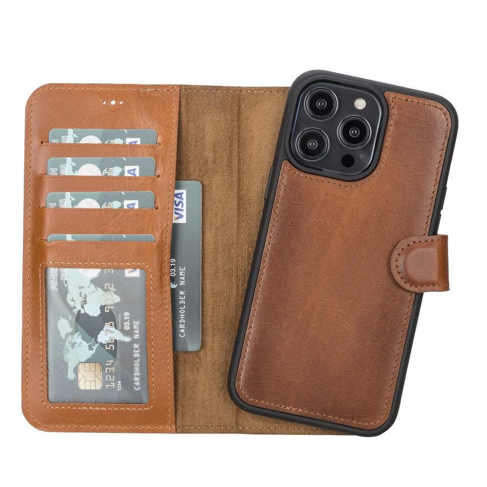 Detachable leather wallet phone case, brown with card slots and snap closure