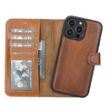 Detachable leather wallet phone case, brown with card slots and snap closure