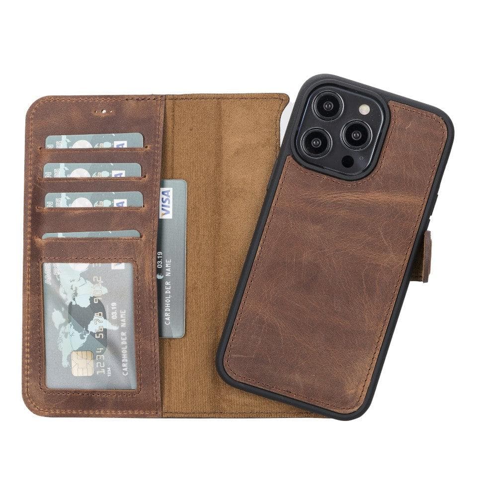 Detachable leather wallet phone case, medium brown with card slots and phone cover